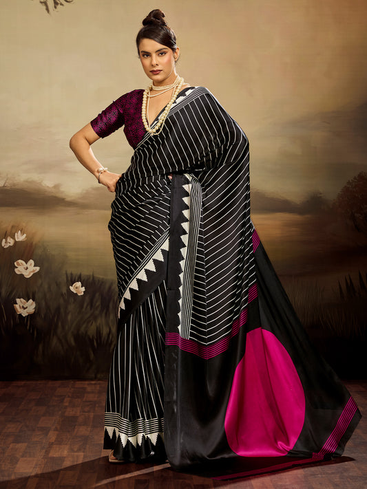 Black & White Striped Ikat Silk Saree