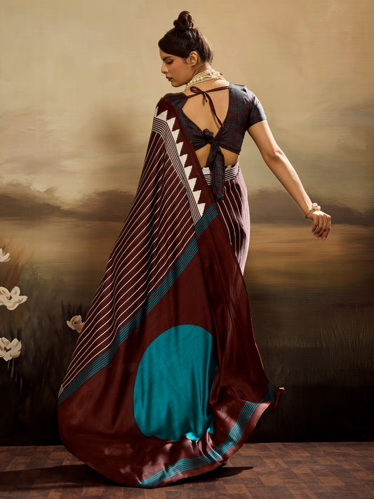 Coffee Brown & White Striped Ikat Silk Saree