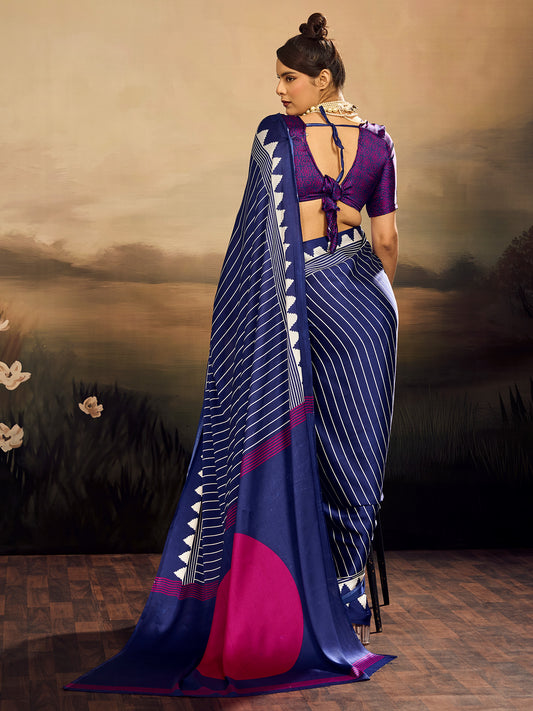 Royal Blue & White Striped Ikat Silk Saree