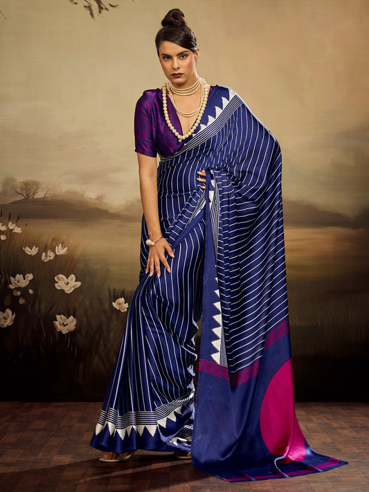 Royal Blue & White Striped Ikat Silk Saree