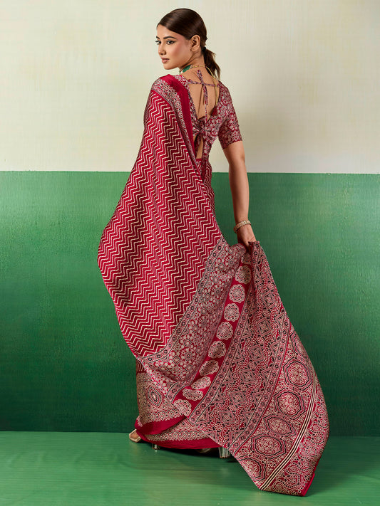 Maroon Satin Ajrakh Print Saree