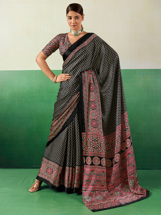 Black Satin Ajrakh Print Saree