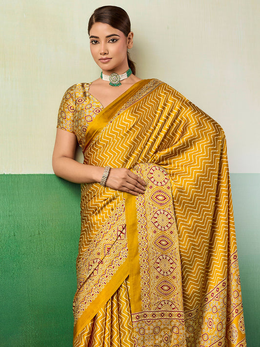Mustard Ajrakh Block Print Saree