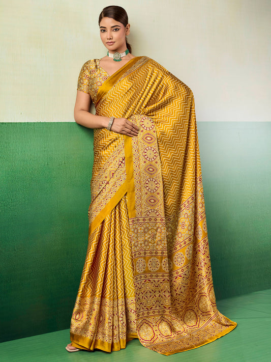 Mustard Ajrakh Block Print Saree
