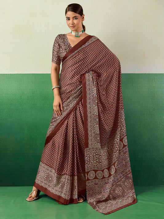Coffee Brown Block Printed Saree