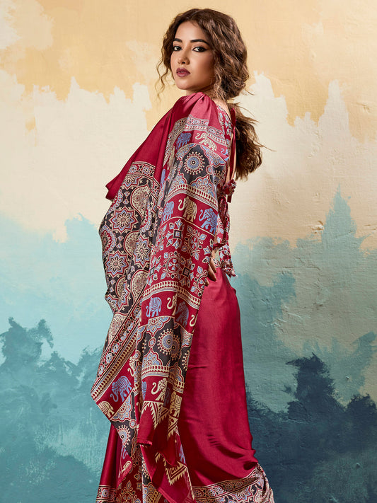 Maroon Ajrakh Printed Saree