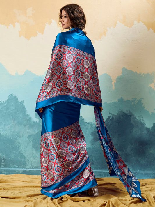 Blue Satin Ajrakh Printed Saree