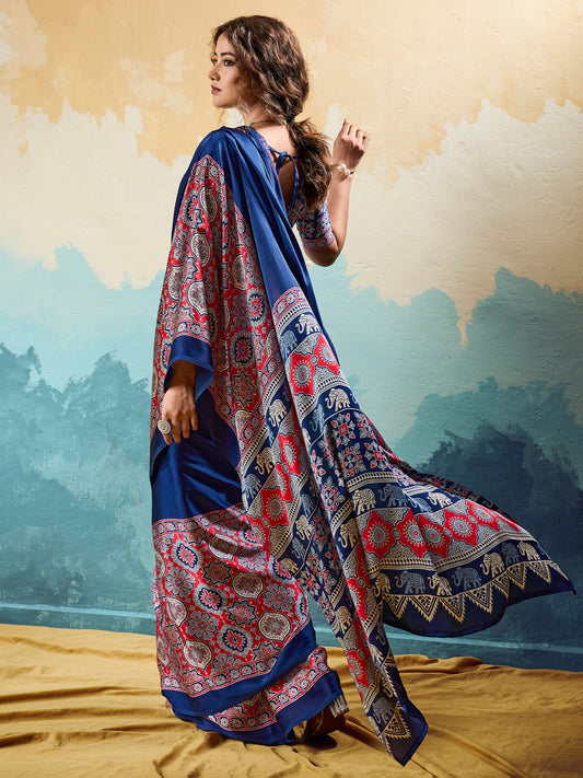 Royal Blue Satin Ajrakh Printed Saree