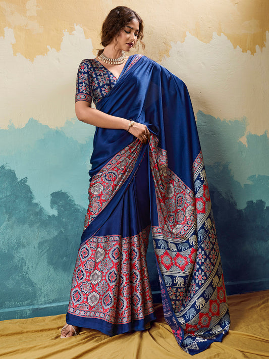 Royal Blue Satin Ajrakh Printed Saree