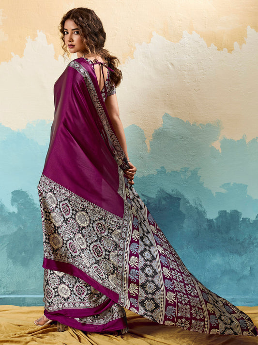 Wine Ajrakh Printed Satin Saree