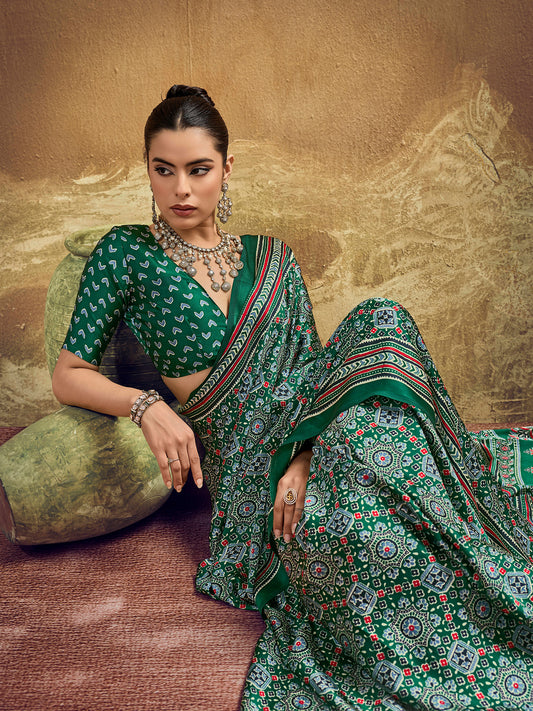 Deep Green Ajrakh Print Silk Saree