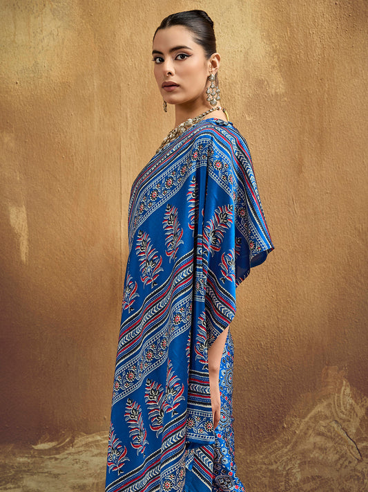 Indigo Blue Ajrakh Print Satin Silk Saree