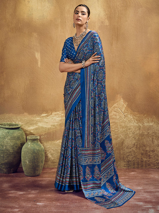 Indigo Blue Ajrakh Print Satin Silk Saree
