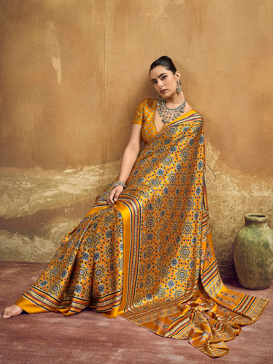 Mustard Yellow Ajrakh Print Satin Saree