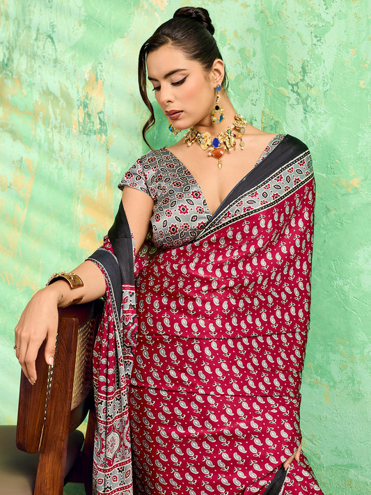 Maroon Satin Ajrakh Printed Saree