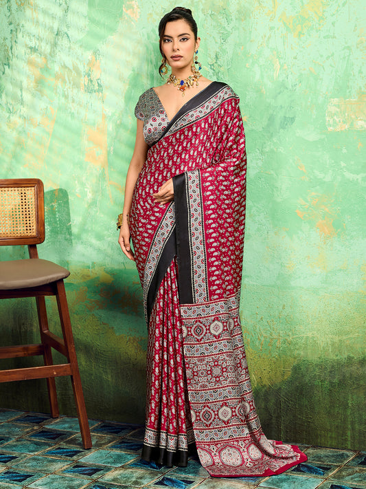 Maroon Satin Ajrakh Printed Saree