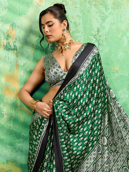 Green Satin Ajrakh Printed Saree