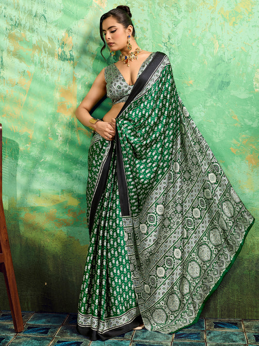 Green Satin Ajrakh Printed Saree