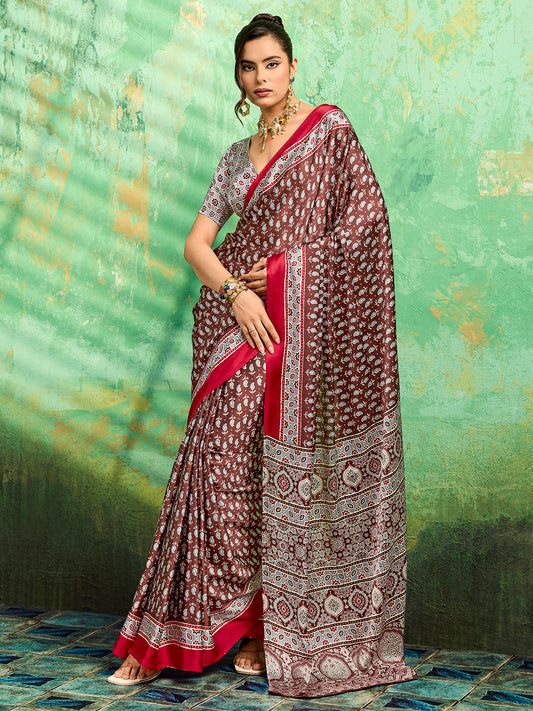 Maroon Satin Ajrakh Printed Saree