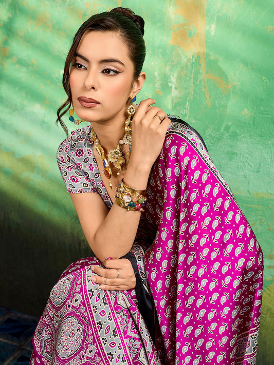 Magenta Satin Silk Block Printed Saree