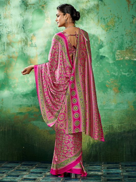 Pink Satin Silk Block Printed Saree