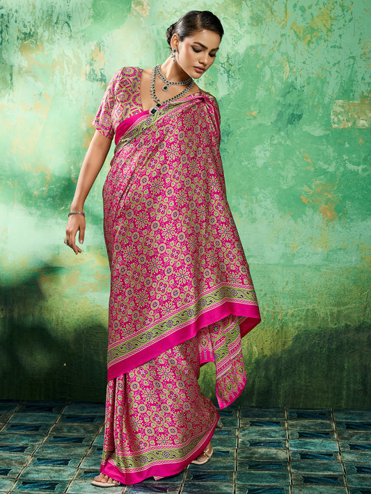 Pink Satin Silk Block Printed Saree