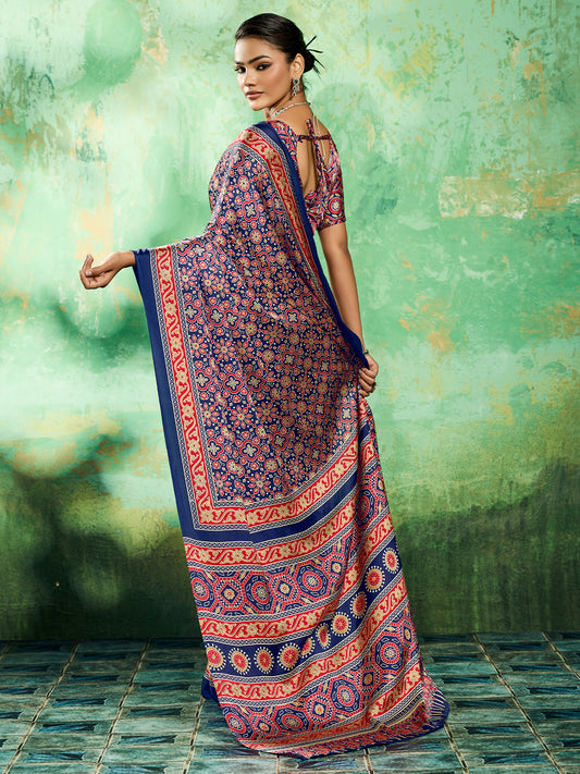 Royal Blue Ajrakh Bolck Print Saree