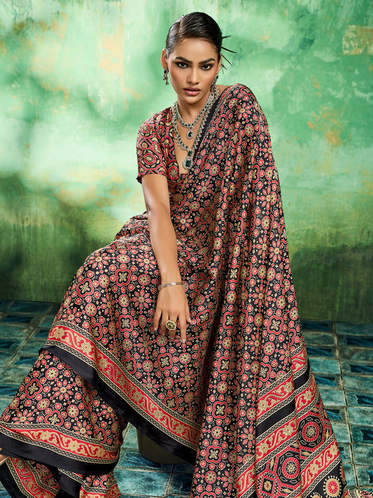 Black Ajrakh Block Print Saree