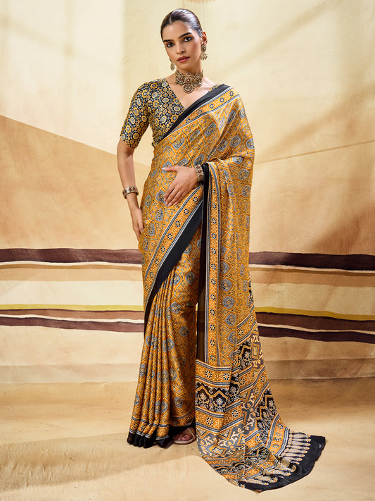 Anjali Mustard Ajrak Satin Saree with Printed Border & Mustard Blouse Piece