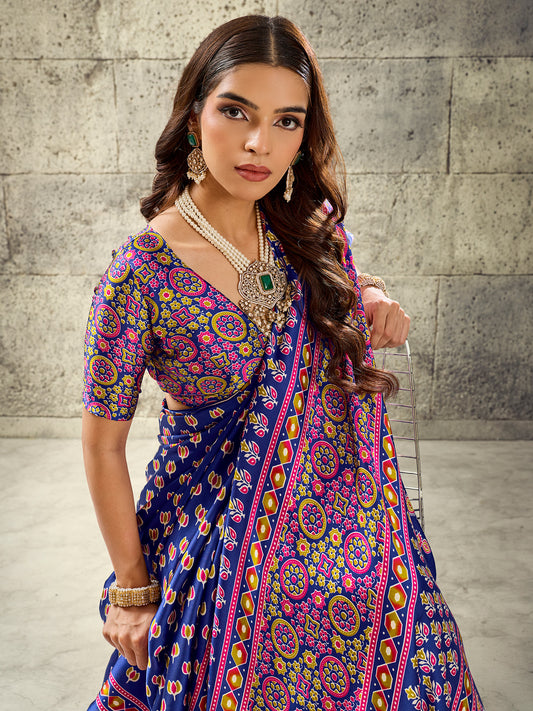 Aranya Blue Ajrak Satin Saree with Printed Border & Blue Blouse Piece