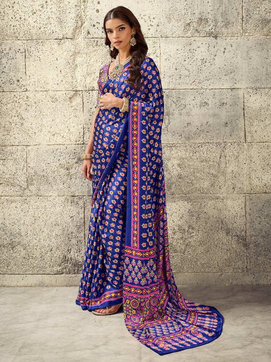 Aranya Blue Ajrak Satin Saree with Printed Border & Blue Blouse Piece