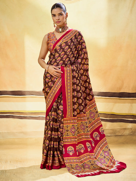 Wine Maroon Ajrakh Print Satin Saree