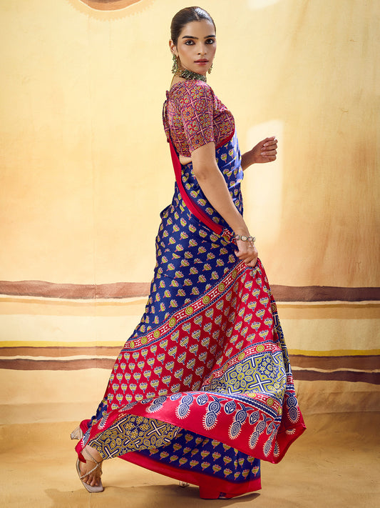 Royal Blue Ajrakh Print Satin Saree