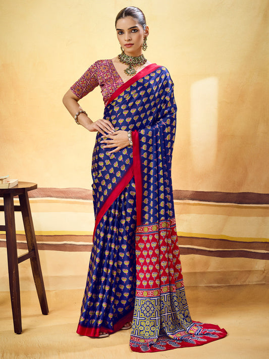 Royal Blue Ajrakh Print Satin Saree