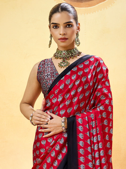 Red & Black Ajrakh Print Satin Saree