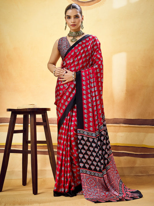 Red & Black Ajrakh Print Satin Saree