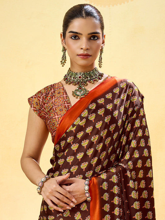 Dark Brown Ajrakh Print Satin Saree