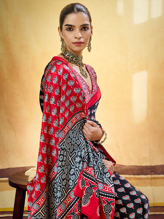Black & Red Ajrakh Print Satin  Saree