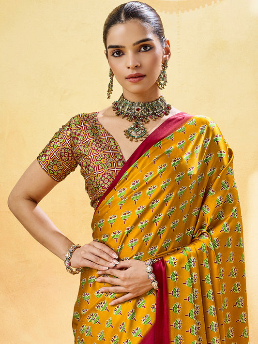 Mustard Yellow Ajrakh Print Satin Saree