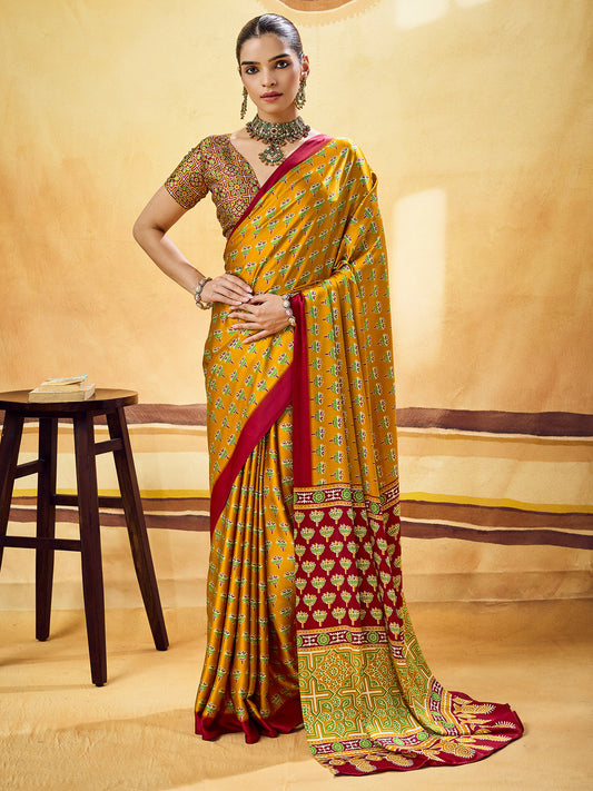 Mustard Yellow Ajrakh Print Satin Saree