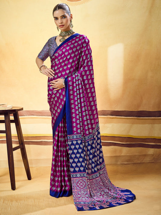 Magenta Pink & Navy Blue Ajrakh Print Satin Saree