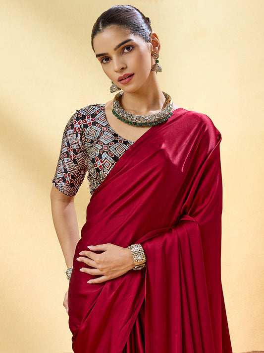 Crimson Red Solid Satin Saree