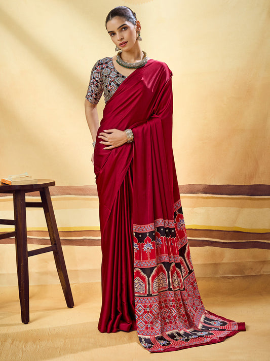 Crimson Red Solid Satin Saree
