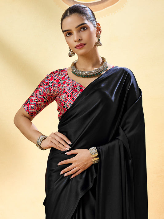 Black Solid  Satin  Saree