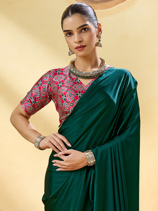 Bottle Green Solid Satin Saree