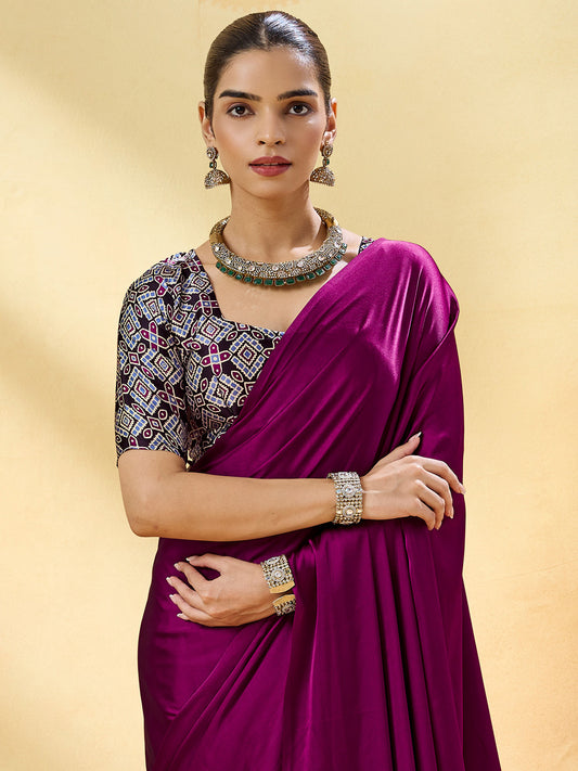 Magenta Purple Solid Satin Saree