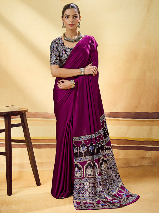 Magenta Purple Solid Satin Saree