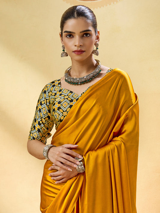 Mustard Yellow Solid Satin Saree