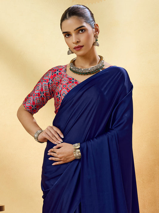 Navy Blue Solid Satin Saree