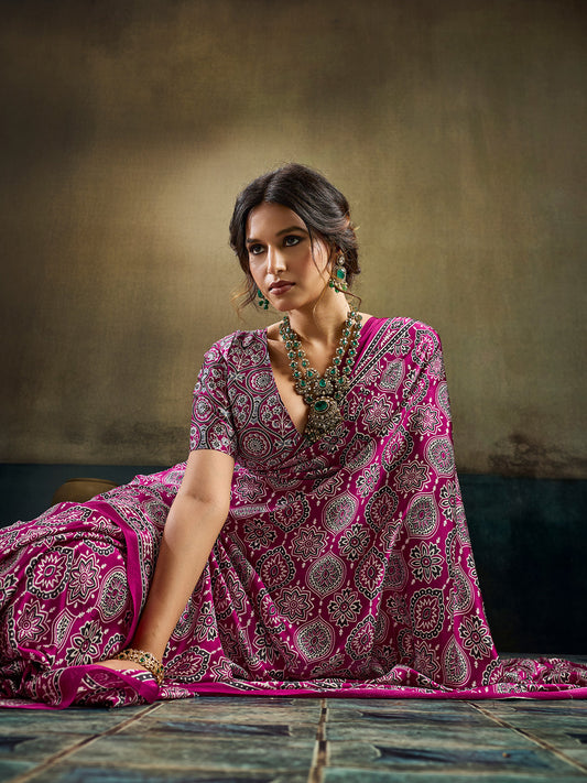 Magenta Pink Ajrakh All-Over Print Satin Saree